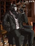  alcohol armchair beverage body_markings bookshelf cigar feline glass looking_at_viewer mammal markings necktie rov smoke smoking suit tiger 