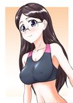  black_hair blue_eyes blush breasts covered_nipples glasses hair_ornament hairclip highres long_hair looking_at_viewer medium_breasts mochizuki_kazuto navel saitou_kaede_(yama_no_susume) smile solo sports_bra yama_no_susume 