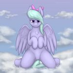  bedroom_eyes blue_hair bow clitoris cloud equine feathers female flitter_(mlp) friendship_is_magic fur hair hooves horse kneeling long_hair looking_at_viewer mammal my_little_pony outside pegasus pink_eyes pony presenting purple_fur pussy smile solo staggeredline wings 