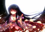  black_hair branch full_moon glowing glowing_weapon houraisan_kaguya jeweled_branch_of_hourai long_hair long_sleeves moon night shirt skirt sky smile solo touhou very_long_hair weapon wide_sleeves wind yellow_eyes yetworldview_kaze 