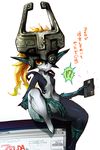  credit_card fang flat_chest helmet highres imp long_hair midna monitor navel neon_trim orange_hair pointy_ears red_eyes sitting sitting_on_object smile solo the_legend_of_zelda the_legend_of_zelda:_twilight_princess translated yakibuta_(shimapow) yellow_sclera 