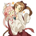  akigumo_(kantai_collection) bad_id bad_twitter_id brown_hair commentary_request emu_(eomou) glasses green_eyes kantai_collection makigumo_(kantai_collection) multiple_girls open_mouth pink_hair ponytail puckered_lips sleeves_past_fingers sleeves_past_wrists star sweatdrop v w 