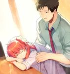  1girl arm_pillow blazer borrowed_garments bow desk gekkan_shoujo_nozaki-kun giving head_rest jacket jacket_on_shoulders looking_at_another nozaki_umetarou orange_hair polka_dot polka_dot_bow rouman_academy_uniform sakura_chiyo school_desk school_uniform sleeping sleeping_upright tomitayaki 