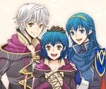  2girls blue_eyes blue_hair family father_and_daughter fingerless_gloves fire_emblem fire_emblem:_kakusei gloves happy hood hood_down long_hair looking_at_viewer lucina male_my_unit_(fire_emblem:_kakusei) mark_(female)_(fire_emblem) mark_(fire_emblem) mother_and_daughter multiple_girls my_unit_(fire_emblem:_kakusei) open_mouth pauldrons petting sawako68 short_hair smile tiara white_hair yellow_eyes 