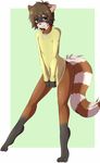  2014 ambiguous_gender anthro arylon blush bottomless brown_hair chatai covering digitigrade ear_piercing embarrassed green_eyes hair leaning leaning_forward looking_at_viewer mammal mask_(marking) one_one_leg piercing raccoon simple_background smile sweater 