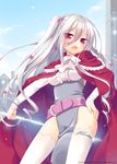  belt blush cape contrapposto cowboy_shot day drill_hair galaxy_dungeon hand_on_hip long_hair one_side_up open_mouth red_eyes sazaki_ichiri silver_hair sky solo standing thighhighs twin_drills white_legwear 