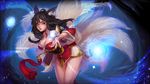  ahoge ahri animal_ears bare_shoulders black_hair breasts cleavage detached_sleeves facial_mark fox_ears fox_tail highres kaka_cheung large_breasts league_of_legends long_hair multiple_tails orb solo tail whisker_markings yellow_eyes 