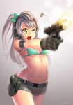  bikini_top breasts casing_ejection d; ear_protection firing gloves grey_hair gun handgun holster kws long_hair love_live! love_live!_school_idol_project minami_kotori motion_blur muzzle_flash navel one_eye_closed open_mouth pistol racking_slide shell_casing short_shorts shorts small_breasts solo weapon yellow_eyes 