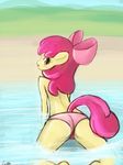  amber_eyes anthro apple_bloom_(mlp) back_turned blush bow clothing cub equine female friendship_is_magic fur hair hooves horse looking_at_viewer looking_back lumineko mammal my_little_pony open_mouth outside pony presenting raised_tail red_hair smile solo swimsuit water yellow_fur young 