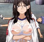  1boy 1girl angry aogami_pierce black_hair blue_hair breast_hold breasts brown_eyes crossed_arms erect_nipples frown fukiyose_seiri gym_uniform large_breasts long_hair looking_at_viewer lying nipples nude_filter on_back on_floor photoshop see-through shirt to_aru_majutsu_no_index wet wet_clothes wet_hair wet_shirt 
