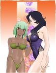  2girls black_hair breasts cinder_fall cleavage dark_skin emerald_sustrai female green_hair hair_over_one_eye large_breasts long_hair multiple_girls red_eyes rwby sabachiyo_land short_hair swimsuit yellow_eyes 