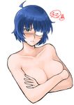  ahoge bangs bare_shoulders blue_eyes blue_hair blunt_bangs blush breast_hold breasts cleavage collarbone colored_eyelashes crossed_arms durandal_(kei) eyepatch frown ikkitousen large_breasts looking_at_viewer mole mole_under_mouth ryomou_shimei short_hair shy simple_background solo upper_body white_background 