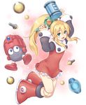  android blonde_hair bolt boots eddie_(rockman) energy_tank green_eyes hair_ribbon highres joints knee_boots long_hair long_sleeves ponytail ribbon robot rockman rockman_(classic) roll skirt toshi wide_sleeves 