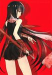  akame akame_ga_kill! black_hair from_behind katana long_hair looking_at_viewer necktie red_background red_eyes scarf skirt solo sword very_long_hair weapon 