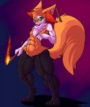  2014 abs anthro braixen canine chest_tuft cuntboy eyewear fennec fire fox fur glasses green_eyes intersex looking_at_viewer mammal muscles nintendo nude orange_fur pok&eacute;mon purple_background pussy solo standing tuft video_games wyntersun 