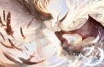  angel black_wings brown_hair commentary demon_girl demon_wings dress feathered_wings feathers flying halo hand_on_another's_cheek hand_on_another's_face horns long_hair multiple_girls original silver_hair sishenfan very_long_hair white_dress wings 
