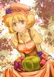  :&gt; aki_minoriko apple apron autumn_leaves bell_pepper blonde_hair breasts brown_eyes choker dress dress_lift floral_background food fruit grapes hat hat_ornament holding holding_food holding_fruit long_sleeves medium_breasts mushroom numany orange_dress pepper puffy_long_sleeves puffy_sleeves pumpkin ribbon_choker short_hair smile solo sweet_potato touhou vegetable 