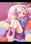  alternate_costume bed calpish casual covering_mouth cushion heart heart_of_string heart_pillow hidden_mouth highres komeiji_satori letterboxed pillow pink_eyes pink_hair pink_legwear shorts sitting socks solo thighs third_eye touhou 