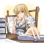  blonde_hair book breasts cleavage highres ink_bottle kirisame_marisa large_breasts light_smile long_hair luna_(gunfire) popped_collar quill sitting solo touhou yellow_eyes 