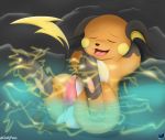  2019 animal_genitalia animal_penis balls barefoot bath bathing cloufy cloufypaws digital_media_(artwork) electricity erection eyes_closed feral fur lying male nintendo nude on_ground open_mouth penis pok&eacute;mon pok&eacute;mon_(species) raichu simple_background smile solo toes tongue video_games water wet yellow_fur 