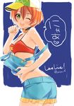  bare_shoulders baseball_cap bikini blush collar hat hoshizora_rin looking_at_viewer love_live! love_live!_school_idol_project natsuiro_egao_de_1_2_jump! one_eye_closed open_mouth orange_hair short_hair shorts smile solo suspenders swimsuit twitter_username yellow_eyes yu_yu 