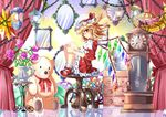  blonde_hair chain clock curtains dress e.o. flandre_scarlet flower hat hat_ribbon lantern leg_hug looking_at_viewer mary_janes mirror mob_cap pink_flower pink_rose puffy_short_sleeves puffy_sleeves red_dress red_eyes red_footwear reflective_floor ribbon rose shaded_face shoes short_sleeves sitting sitting_on_object solo stuffed_animal stuffed_toy table teddy_bear touhou vase wings 