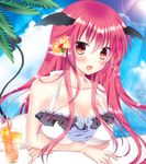  :d bat_wings blush bracelet breasts cleavage drink fang flower glass hair_flower hair_ornament head_wings jewelry koakuma large_breasts long_hair looking_at_viewer open_mouth pekopokox pointy_ears red_eyes red_hair smile solo touhou wings 