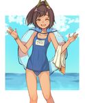  :d bare_legs bare_shoulders blue_sky bracelet brown_eyes brown_hair clothes_removed covering_mouth dark_skin day hair_ornament i-401_(kantai_collection) innertube jewelry kantai_collection looking_at_viewer name_tag ocean one-piece_swimsuit one_eye_closed open_mouth peroncho ponytail school_swimsuit school_uniform sky smile solo swimsuit 