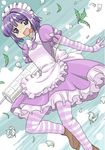 :d apron bow breasts crazy_eyes dress drugs flower frills futaba_channel gloves maid maid_apron maid_headdress mono_(moiky) nijiura_maids open_mouth pantyhose plant puffy_sleeves purple_eyes purple_hair short_hair short_hair_with_long_locks sky small_breasts smile solo striped striped_legwear syringe tongue tongue_out yakui 