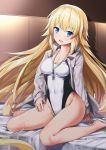  :d bangs bare_legs barefoot blonde_hair blue_eyes blush breasts cleavage commentary competition_swimsuit covered_navel eyebrows_visible_through_hair fate/grand_order fate_(series) fingernails grey_jacket hair_between_eyes head_tilt indoors jacket jeanne_d'arc_(fate)_(all) jeanne_d'arc_(swimsuit_archer) long_hair long_sleeves medium_breasts one-piece_swimsuit open_clothes open_jacket open_mouth round_teeth sitting sleeves_past_wrists smile solo swimsuit teeth tyone upper_teeth very_long_hair wariza whistle white_swimsuit 