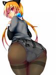  1girl alisa_southerncross animal_ears ass black_legwear cat_ears female from_behind from_below hair_ornament keroro_gunsou long_hair looking_at_viewer looking_back looking_down nabeshiki_(ingenmame) nebula_(keroro) orange_hair panties panties_under_pantyhose pantyhose red_eyes solo sweater_vest twintails underwear 