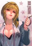  :q blonde_hair bra breasts character_name cleavage gamerag gekkan_shoujo_nozaki-kun halftone halftone_background highres large_breasts leash naughty_face off_shoulder open_clothes open_shirt red_eyes revision school_uniform seo_yuzuki shirt solo star tongue tongue_out underwear wet wet_clothes wet_shirt 