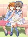  alternate_costume bench book brown_eyes brown_hair casual cat closed_eyes dress folded_ponytail hanao_(kuma-tan_flash!) hat highres ikazuchi_(kantai_collection) inazuma_(kantai_collection) kantai_collection knitting leaning_on_person leaning_to_the_side mary_janes multiple_girls park_bench sailor_dress shoes short_hair side-by-side sitting sleeping sleeping_on_person sleeping_upright smile 