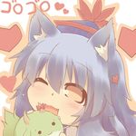  :3 animal_ears blue_hair brown_eyes cat_ears chibi fang hat hazuki_ruu heart horn_ribbon horns kamishirasawa_keine kamishirasawa_keine_(hakutaku) kemonomimi_mode lowres one_eye_closed open_mouth ribbon smile sukusuku_hakutaku touhou 