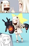  airfield_hime anklet barefoot comic heart highres horns jewelry jiffic jitome kantai_collection leaning_forward long_hair looking_at_viewer mittens monster multiple_girls northern_ocean_hime one_eye_closed open_mouth pale_skin red_eyes shinkaisei-kan silent_comic turret v white_hair you're_doing_it_wrong 