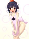  apron bare_shoulders black_hair blush breasts cleavage collarbone d: embarrassed hat looking_at_viewer naked_apron open_mouth pom_pom_(clothes) red_eyes shameimaru_aya short_hair small_breasts solo sweat tears teoi_(good_chaos) tokin_hat touhou 