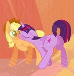  2014 absurd_res anus applejack_(mlp) blonde_hair blush braddo cutie_mark duo earth_pony equine eyes_closed female feral freckles friendship_is_magic fur green_eyes hair hairband hat hi_res horn horse inside kissing lesbian mammal multi-colored_hair my_little_pony pony purple_fur pussy raised_leg raised_tail teats twilight_sparkle_(mlp) winged_unicorn wings 