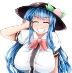  breasts closed_eyes eyebrows_visible_through_hair facing_viewer grin hand_on_own_head happy hinanawi_tenshi huge_breasts hydrant_(kasozama) simple_background smile solo touhou upper_body white_background 