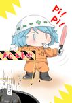  alternate_costume artist_self-insert blue_hair chibi commentary gloves hardhat headgear helmet heterochromia holding manhole multiple_girls short_hair tatara_kogasa touhou translated whistle white_gloves yuzuna99 