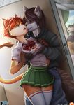  2014 anthro breast_grab breasts canine cat chinpo clothing feline female green_eyes licking male mammal shirt skirt straight tongue tongue_out wetblush wolf 