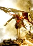  1boy 3d absurdres ace_(fft-0) blonde_hair cape card destruction final_fantasy final_fantasy_type-0 fire flag highres looking_at_viewer official_art pauldrons red_cape square_enix 