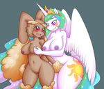  2014 anthro anthrofied basketgardevoir blush breasts brown_fur brown_hair cutie_mark duo equine female friendship_is_magic fur hair horn lagomorph lesbian long_ears lopunny mammal multi-colored_hair my_little_pony navel nintendo nipples nude open_mouth pink_eyes plain_background pok&eacute;mon princess_celestia_(mlp) purple_eyes purple_nipples pussy pussy_juice rabbit smile standing video_games winged_unicorn wings 