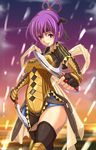  absurdres armor blush cyoppu dual_wielding fingerless_gloves gensou_suikoden gensou_suikoden_v gloves hair_rings headband highres holding knife miakis purple_eyes purple_hair short_hair skirt smile solo thighhighs weapon 