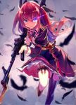  blue_eyes blurry clenched_teeth depth_of_field feathers glowing glowing_eyes gun hair_ribbon holding knife long_hair looking_at_viewer original red_hair ribbon rifle running school_uniform solo teeth two_side_up weapon wind yasumo_(kuusouorbital) 