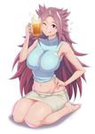  ;q alcohol ao_madoushi armpits barefoot beer beer_mug breasts cup error full_body hand_on_hip heart highres holding holding_cup jewelry jun'you_(kantai_collection) kantai_collection large_breasts miniskirt navel one_eye_closed purple_eyes purple_hair ring simple_background sitting skirt smile solo spiked_hair tongue tongue_out wariza wedding_band white_background 