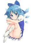  ass blue_dress blue_eyes blue_hair blush bow cirno daikon_(tomohiro158) dress full_body hair_bow ice ice_wings puffy_short_sleeves puffy_sleeves shirt short_sleeves simple_background smile solo touhou upskirt white_background wings 