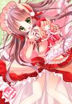  :d blonde_hair bow brown_hair doll green_eyes hair_bow hair_ribbon hairband highres holding lolita_fashion lolita_hairband long_hair looking_at_viewer open_mouth original ribbon smile solo yuutsuki_hina 