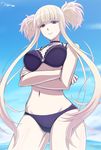  alternate_eye_color aoki_hagane_no_arpeggio bangs bikini blonde_hair blue_lipstick blunt_bangs body_blush breasts breasts_apart choker cloud cowboy_shot crossed_arms day from_below h-new hip_bones jewelry kongou_(aoki_hagane_no_arpeggio) lace lace-trimmed_bikini large_breasts light_smile lipstick long_hair looking_at_viewer makeup navel o-ring o-ring_bikini o-ring_top ocean outdoors pale_skin pendant purple_bikini purple_eyes short_twintails sidelocks signature sky smile solo standing swimsuit thick_thighs thighs twintails very_long_hair water wide_hips 