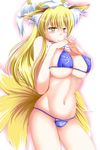  alternate_hair_length alternate_hairstyle animal_ears bikini blue_bikini blush breasts cowboy_shot fox_ears fox_tail half-closed_eyes hat highres hiro_(phese) large_breasts long_hair micro_bikini multiple_tails navel pillow_hat skindentation solo swimsuit tail touhou underboob yakumo_ran yellow_eyes 