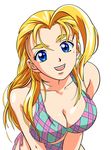  1girl bare_shoulders bikini blonde_hair blue_eyes breasts cleavage eyebrows furinji_miu highres large_breasts long_hair looking_at_viewer open_mouth shijou_saikyou_no_deshi_ken&#039;ichi shijou_saikyou_no_deshi_ken'ichi smile solo swimsuit thick_eyebrows vector_trace 